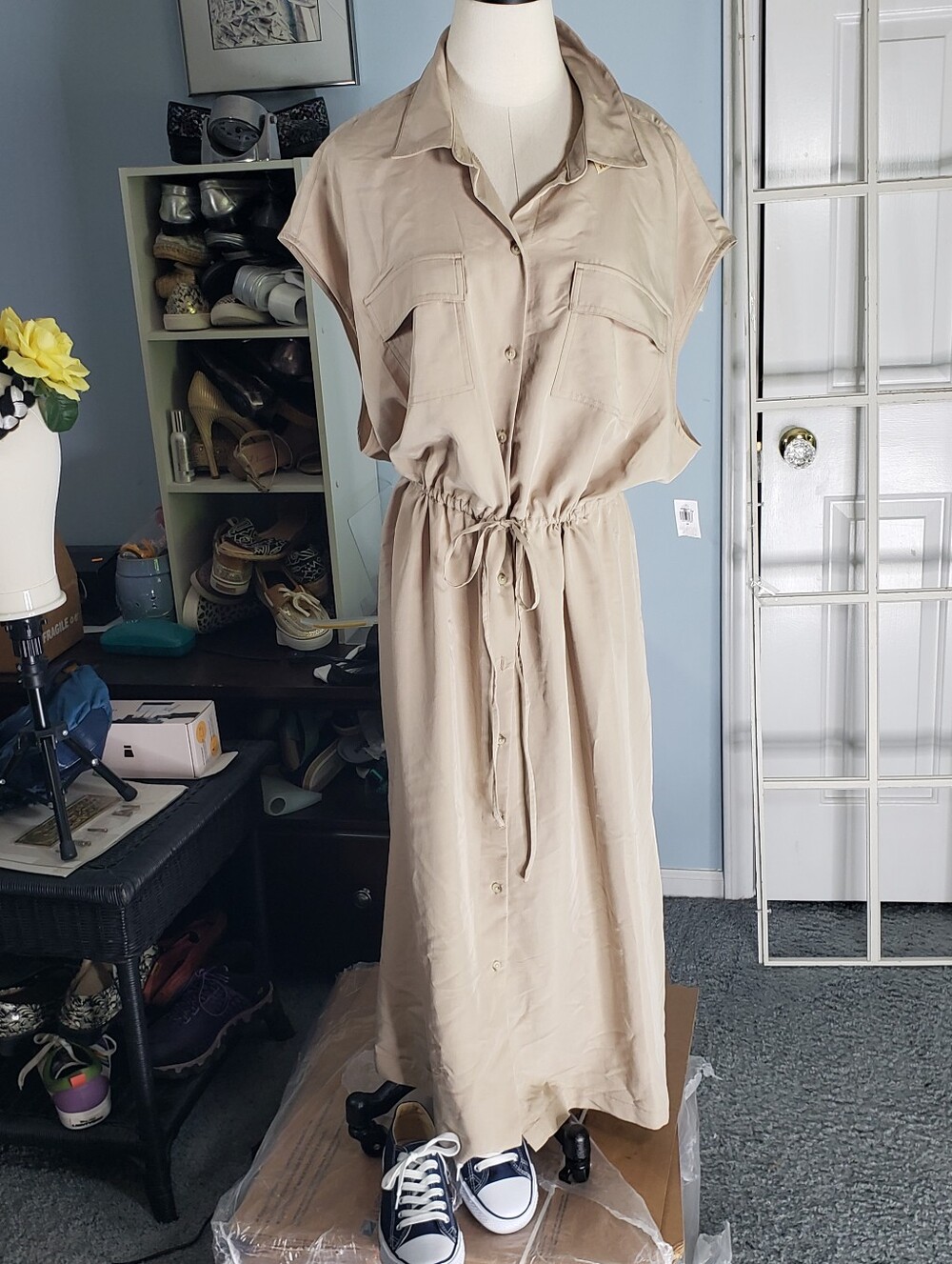 Khaki Old Navy Drawstring Waist Shirtdress 2X Button-Front Safari Preppy Minimal - Picture 11 of 15